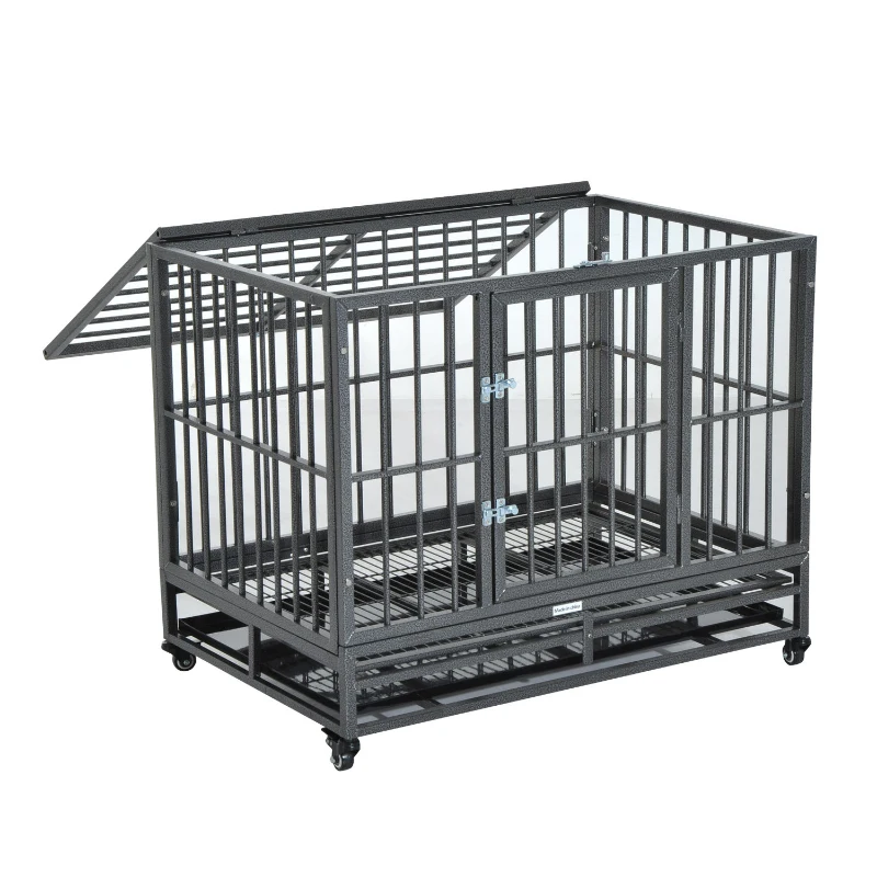 PawHut 36" Heavy Duty Dog Crate Metal Cage Kennel with Lockable Wheels, Double Door and Removable Tray, Gray