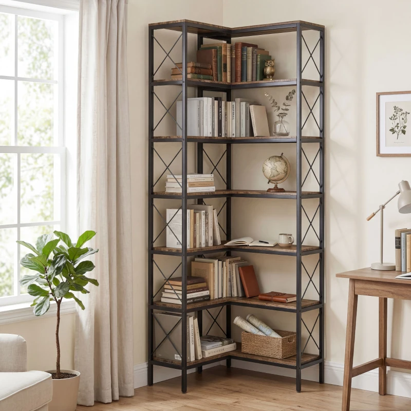 HOMCOM 6-Tier L-Shaped Bookshelf, Freestanding Corner Bookcase with Metal Frame, Rustic Brown