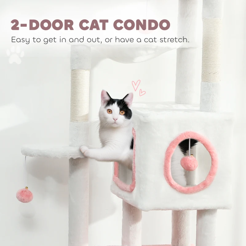 PawHut 65 Inch Cat Tree with 2 Doors Condos, Plush Top Perch, Hammock, Sisal Scratching Posts, 4 Pompoms, Ramp, White