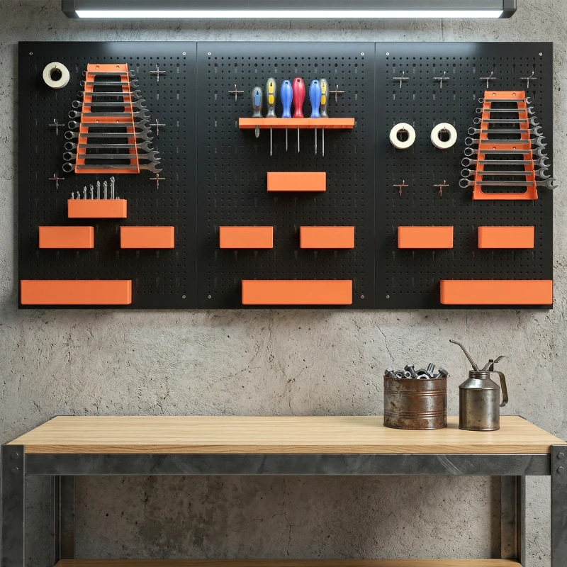 HOMCOM 33 Piece Metal Pegboard Panels, Peg Board with 16 Hooks, Bins and Racks, Black and Orange