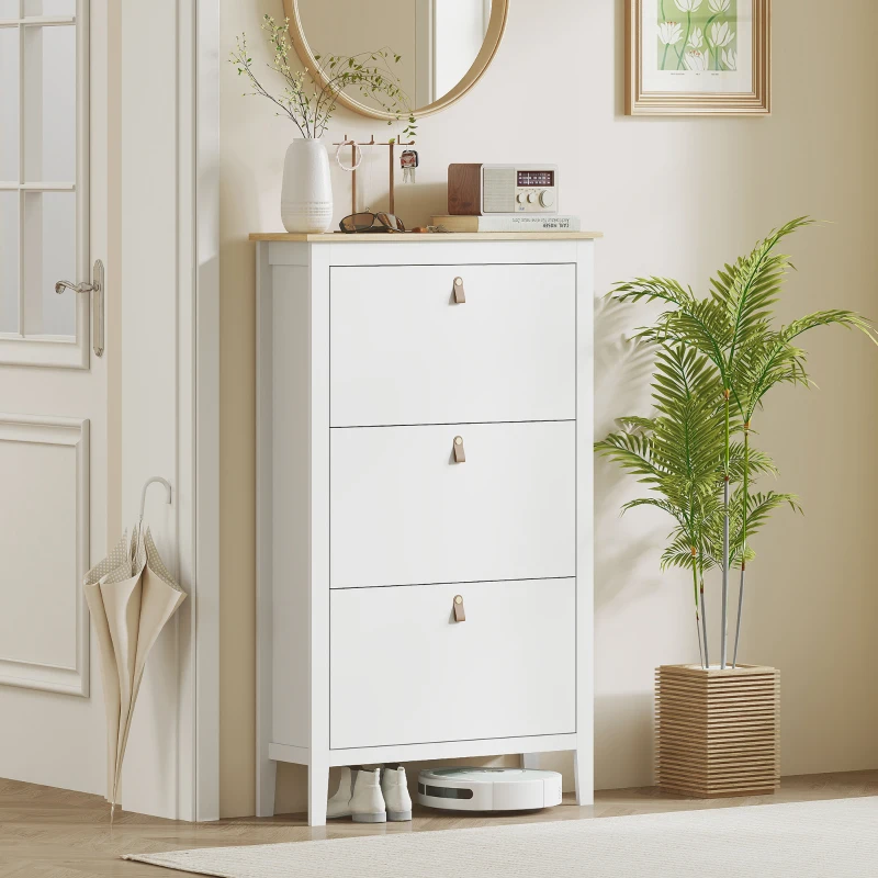 HOMCOM Narrow Shoe Cabinet with 3 Flip Drawers, Adjustable Shelves for Entryway, Holds 15-21 Pairs, White