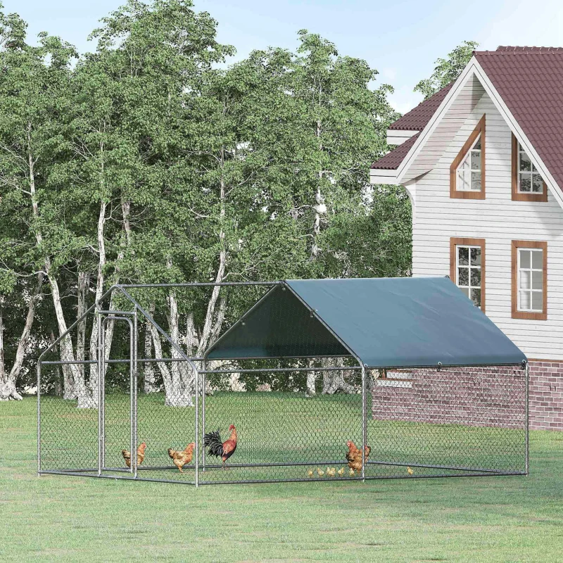 PawHut Large Chicken Coop Metal Chicken Run for Chickens with Waterproof and Anti-U Cover, Spire Shaped Walk in Fence Cage Hen House for Outdoor and Yard Farm Use, 1.26" Dia, 9.8' x 13.1' x 6.4'