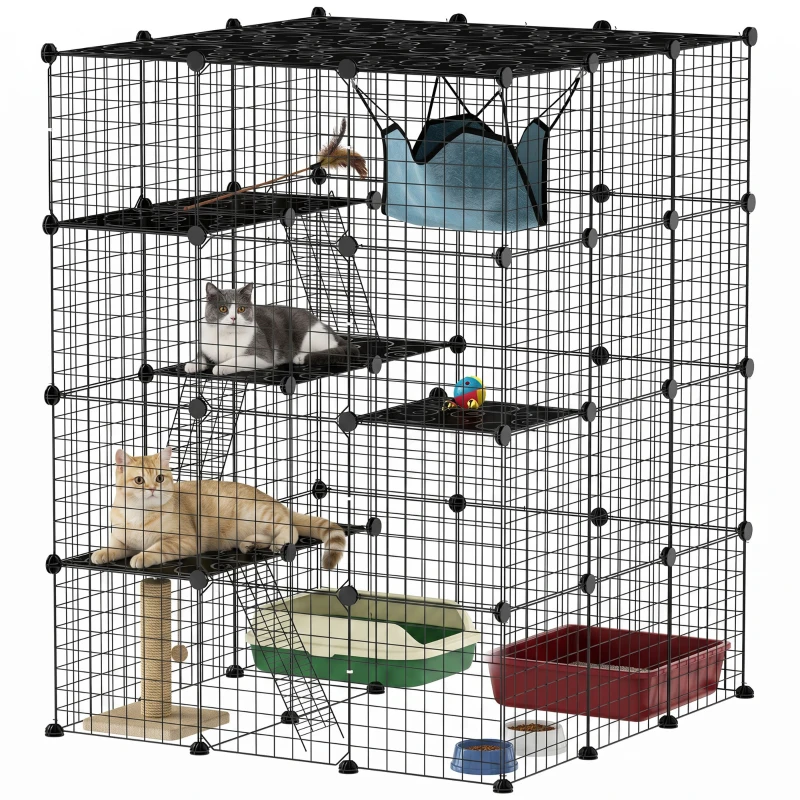 PawHut 4 Tier DIY Cat Cage Indoor, Catio for 1-3 Cats with Hammock, 5 Doors, 3 Ramps, 3 Jumping Platforms, for 1-3 Cats, Black