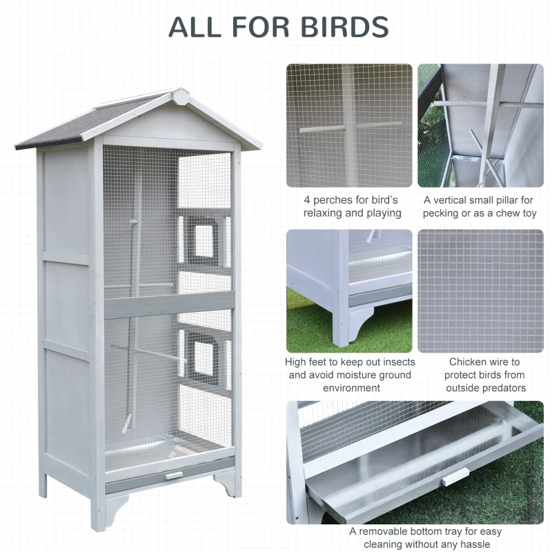 PawHut 60" Wooden Outdoor Bird Cage for Finches, Parakeet, Large Bird Cage with Removable Bottom Tray 4 Perch, Light Gray
