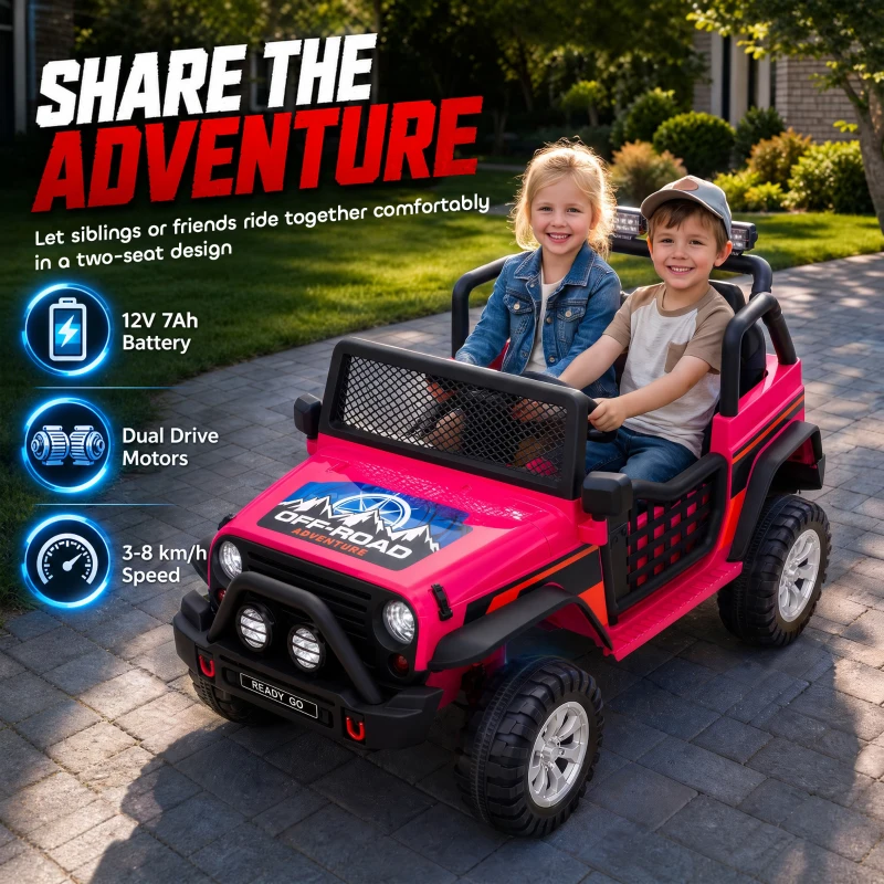 Qaba 12V 2-Seater Ride on Truck Car with Dual Motors, Remote, Soft Start, 4-Wheel Suspension, Lights, Music, USB, Horn, Pink