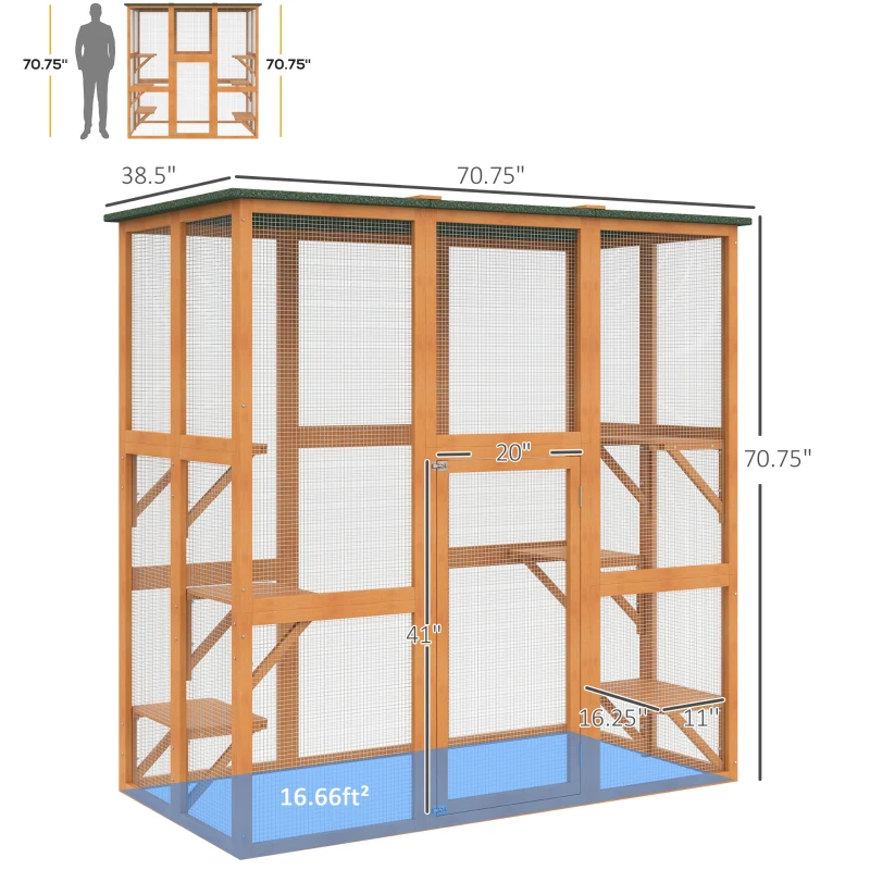 PawHut Outdoor Cat House Big Catio Wooden Feral Cat Shelter Enclosure with Large Spacious Interior, 6 High Ledges, Weather Protection Asphalt Roof, 71" L, Orange