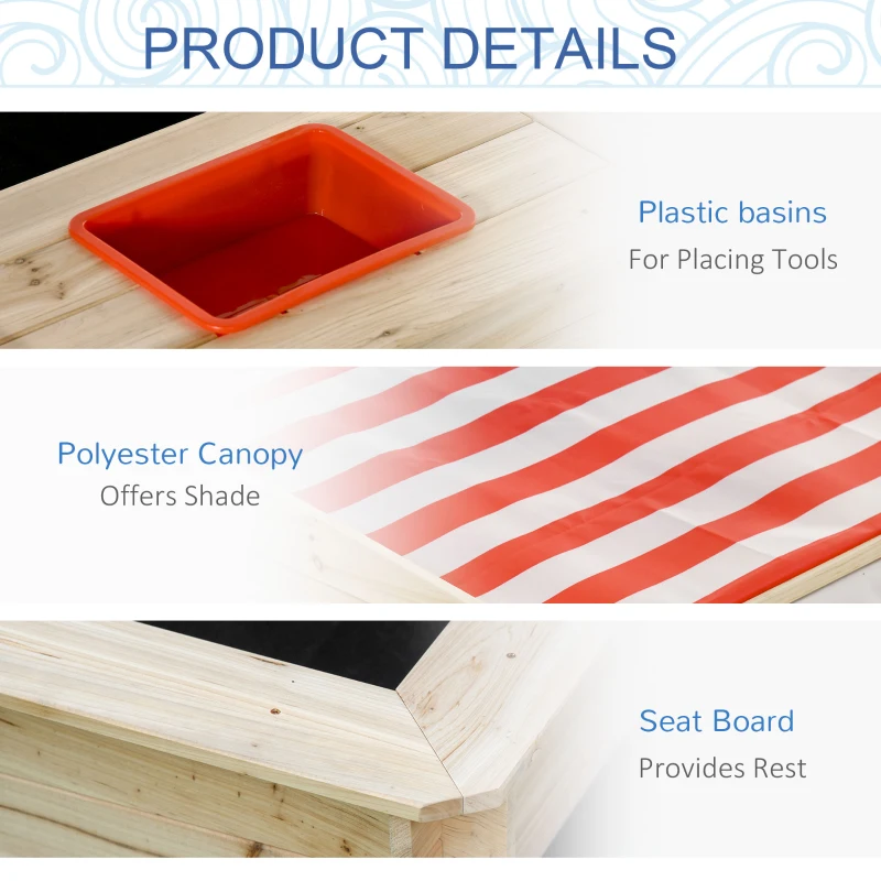 Outsunny Kids Wooden Sandbox Outdoor Children Sand Playset w/ Adjustable Canopy Shade, Bottom Liner, Seat, Plastic Basin, for 3-8 Years Old Boys and Girls
