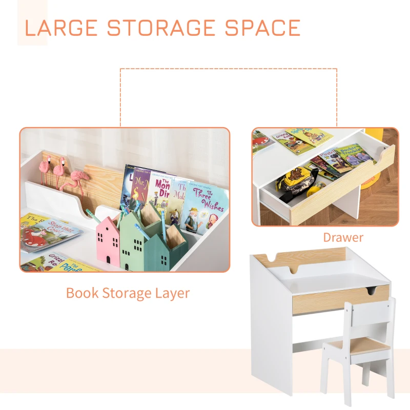 Qaba 2 Pieces Kids Desk and Chair Set with Storage Pull-Out Drawer for 6-10 Years, Writing, Reading, Drawing