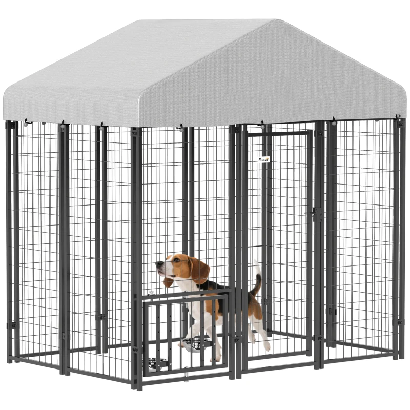 PawHut Outdoor Dog Kennel with Waterproof UV-Resistant Cover, Rotating & 4-Level Adjustable Feeding Bowls, 5.9 x 4 x 6 ft