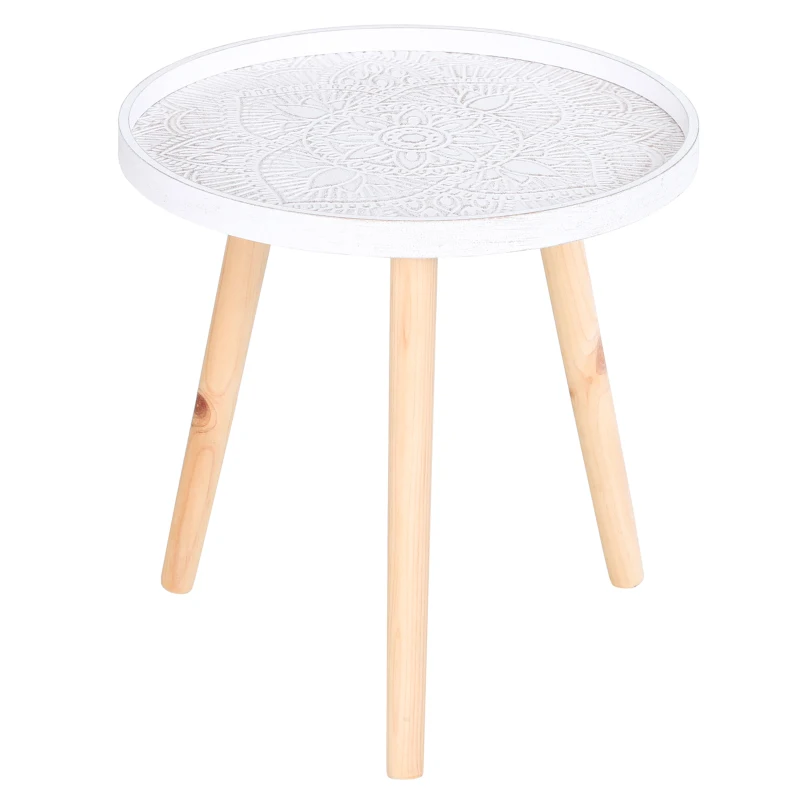 HOMCOM Round Coffee Table, Carved Floral End Table with Tray-style Top and Wooden Legs for Living Room
