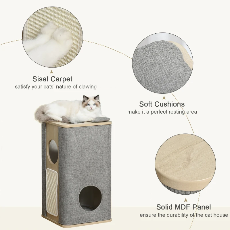 PawHut Wooden Cat Condo 3 Story Barrel Tower w/ Perch Removable Cover Cushions Sisal Scratching Carpet, Grey