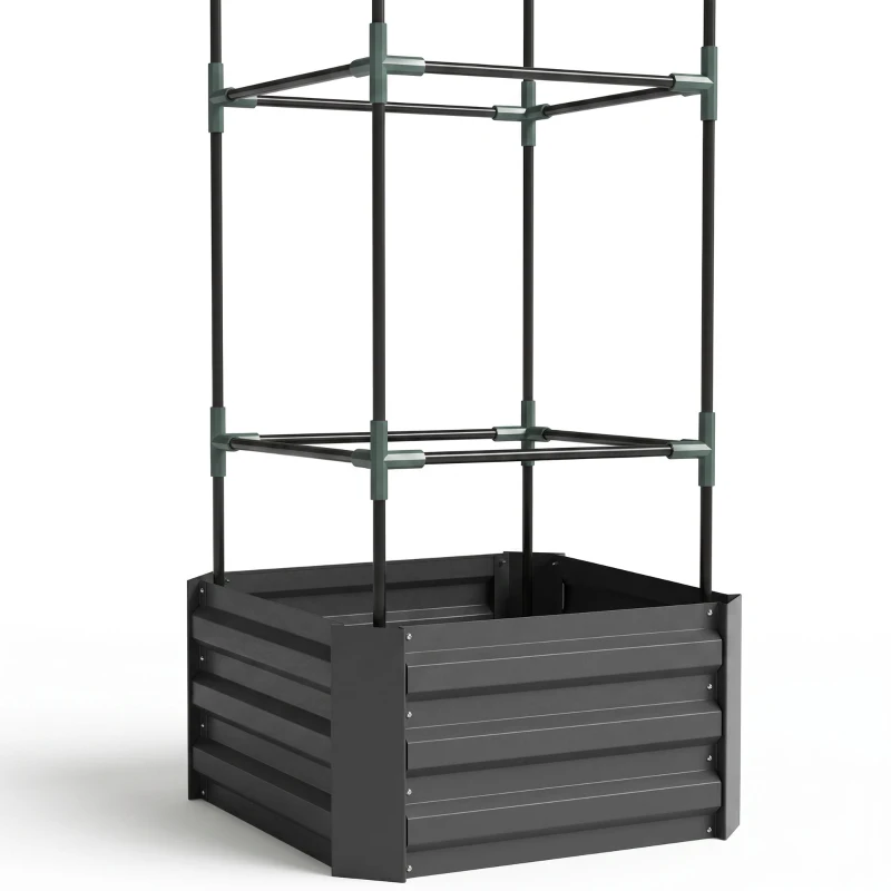 Outsunny Galvanized Planter Box, Outdoor Raised Garden Bed with 3-Tier Trellis Tomato Cage for Climbing Vines, Vegetables, Grey