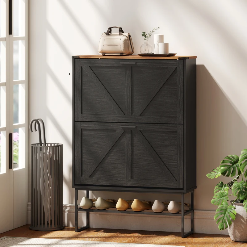 HOMCOM Narrow Shoe Storage Cabinet with 2 Flip Drawers, Slim Shoe Cabinet for 15-20 Pairs, Black Wood Grain