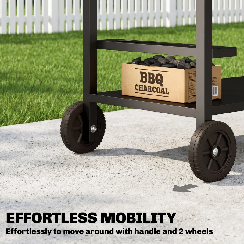 Outsunny Outdoor Grill Cart, 2-Tier Pizza Oven Stand, BBQ Stand with Beverage Holder, Hooks, Wheels, Black and Brown