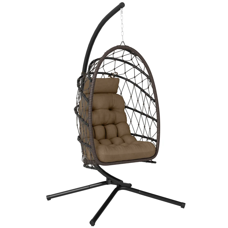 Outsunny Hanging Egg Chair with Stand, Foldable Wicker Rattan Swing Chair with Thick Cushion and Safety Rope, Brown