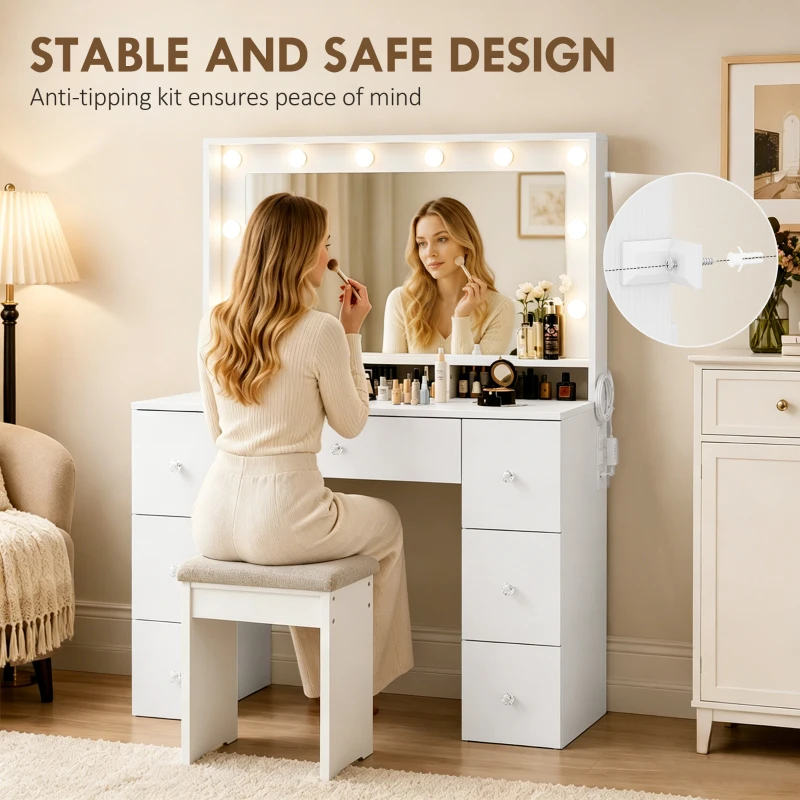 HOMCOM Vanity Desk with 10 Dimmable LED Lights, Mirror Dressing Table with 7 Drawers and Charging Station, White