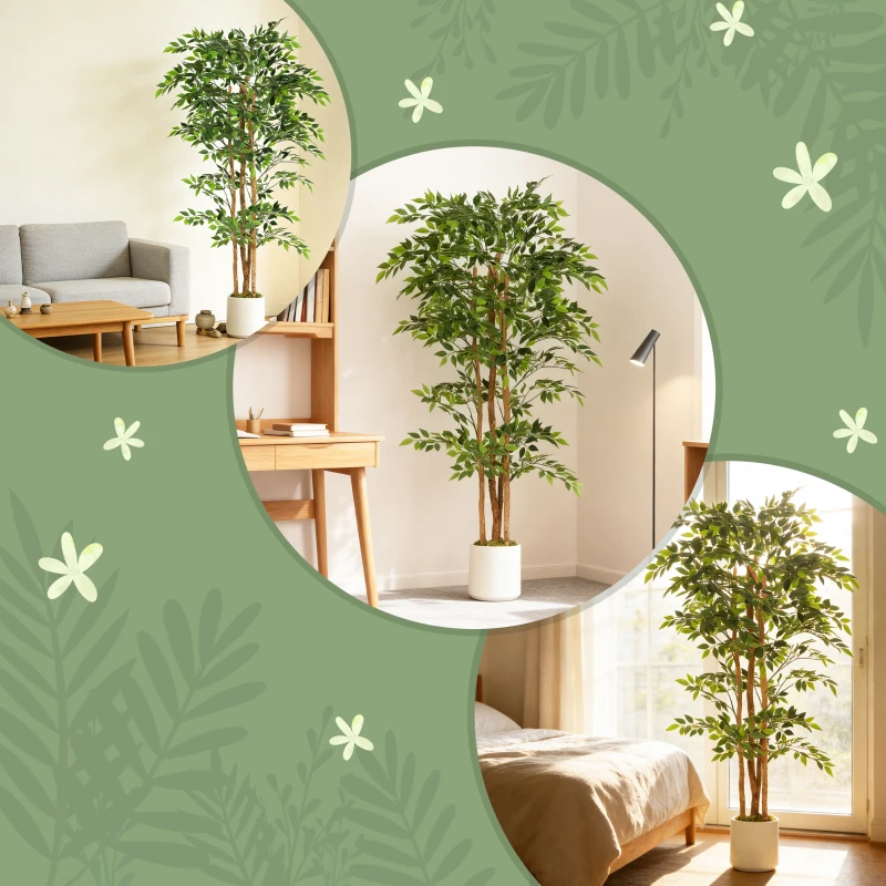 HOMCOM 6FT Artificial Banyan Tree Set of 2, Fake Potted Tree with Solid Wood Trunk and Pot for Indoor