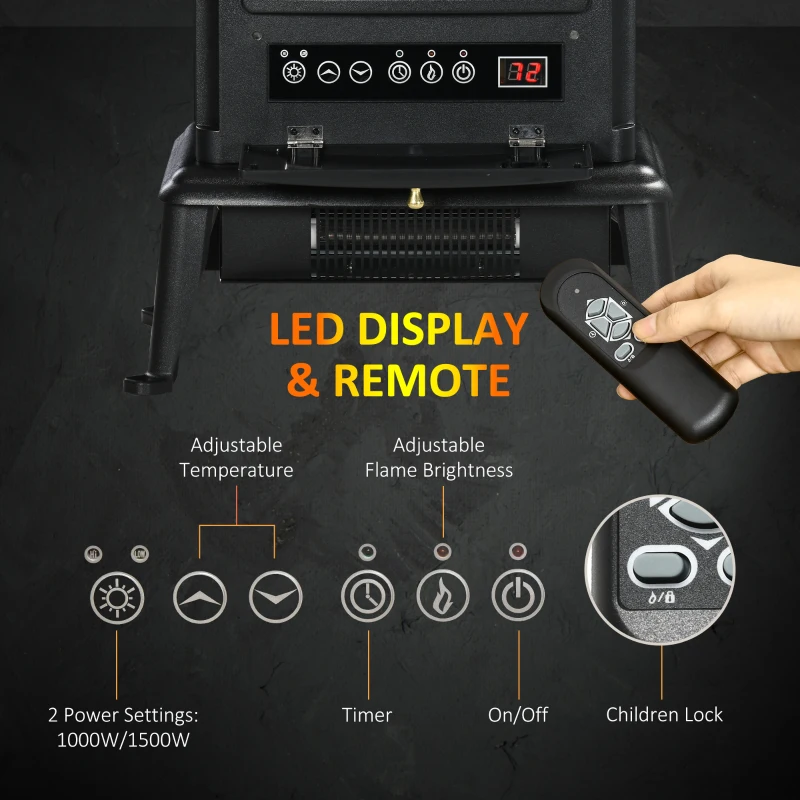 HOMCOM 22" Infrared Electric Fireplace Stove, Freestanding Fireplace Heater with 3D Flame Effect, Adjustable Temperature, Timer, 1000W/1500W, Black