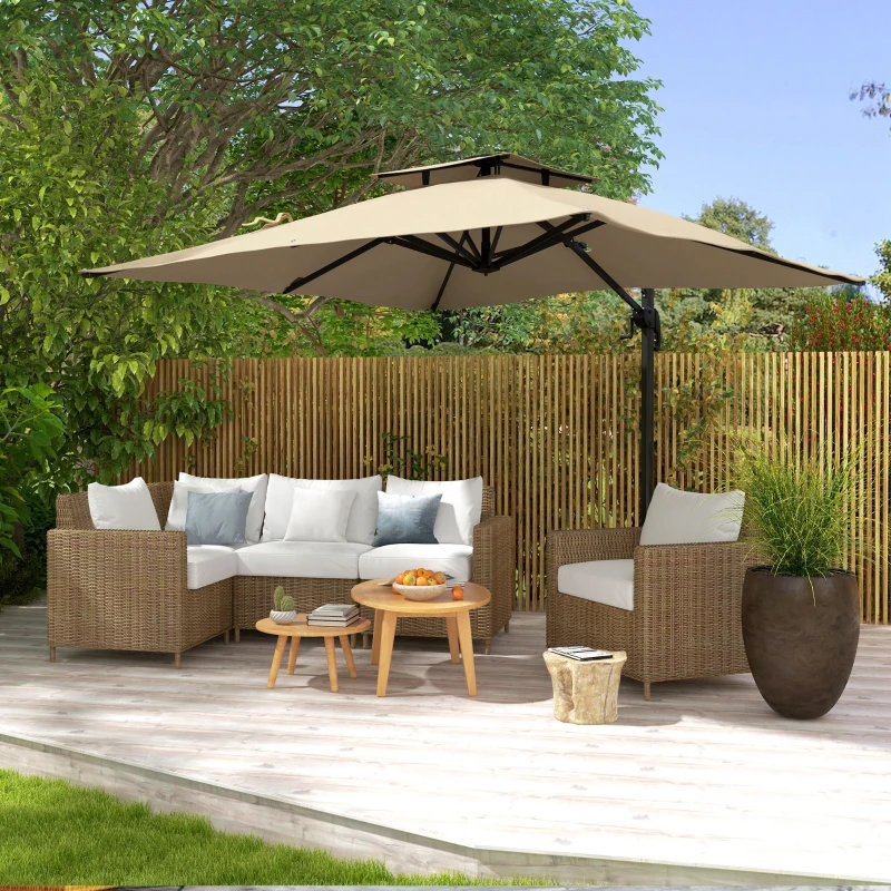 Outsunny 10ft Square Cantilever Patio Umbrella, 360° Rotating Overhanging Umbrella with Cross Base, Crank Handle, Khaki