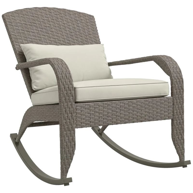 Outsunny Adirondack Chair, Outdoor Wicker Rocking Chair with High Back, Seat Cushion and Pillow for Porch, Balcony, Cream White