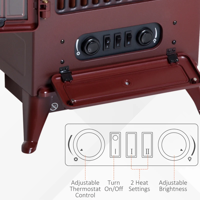 HOMCOM 16" Free Standing Electric Fireplace Portable Adjustable Stove with Heater Wood Burning Flame 750/1500W Red Brown