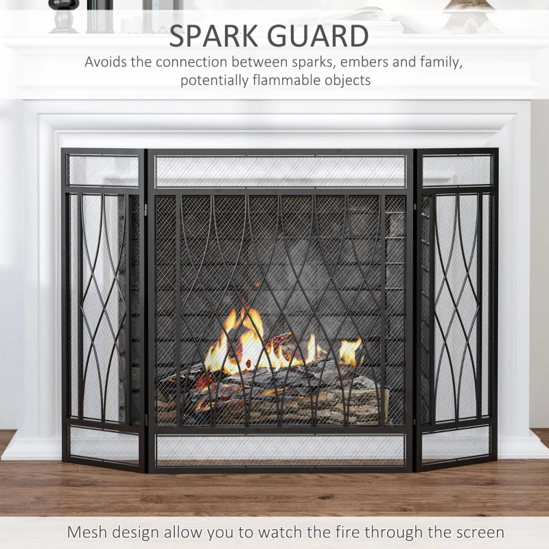 HOMCOM 3-Panel Metal Mesh Fireplace Screen, Decorative Fire Spark Guard Cover, 49.5" x 31.5"for Living Room Home Decor, Black