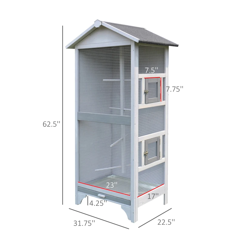 PawHut 60" Wooden Outdoor Bird Cage for Finches, Parakeet, Large Bird Cage with Removable Bottom Tray 4 Perch, Light Gray