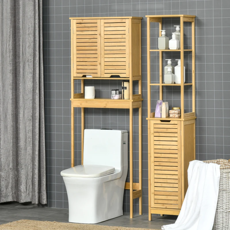 kleankin Bathroom Floor Cabinet with 3 Shelves and Cupboard, Slim and Freestanding Linen Tower with Storage, Natural