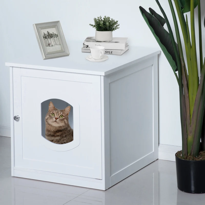 PawHut Decorative Wooden Covered Cat House Side End Table Mess Free Cat Litter Box Hideaway Cabinet Enclosure - White