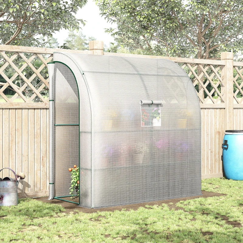 Outsunny 7' x 3' x 7' Outdoor Lean-to Walk-In Greenhouse w/ Roll-up Mesh Windows, Zipper Door and 3-Tier Shelves, White