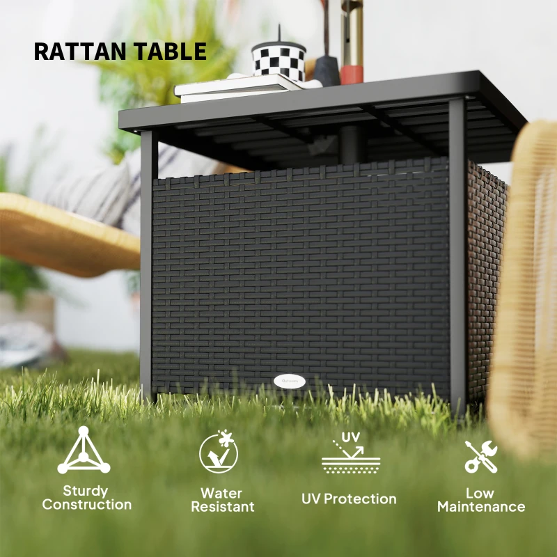Outsunny 21.75" Outdoor Rattan Wicker Patio Coffee Table with Umbrella Hole, Patio Side Table with Slatted Metal Top, Black