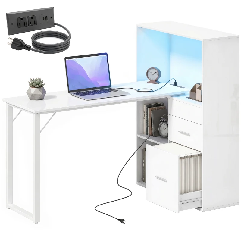 HOMCOM 54" Computer Desk with Drawers, Home Office Desk with Storage, Power Outlets and LED Lights, White