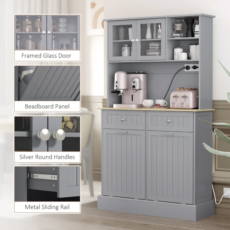 HOMCOM Kitchen Cabinet with Charging Station, 2 Tilt Out Cabinets, Microwave Stand, Freestanding Kitchen Pantry Cabinet, Grey