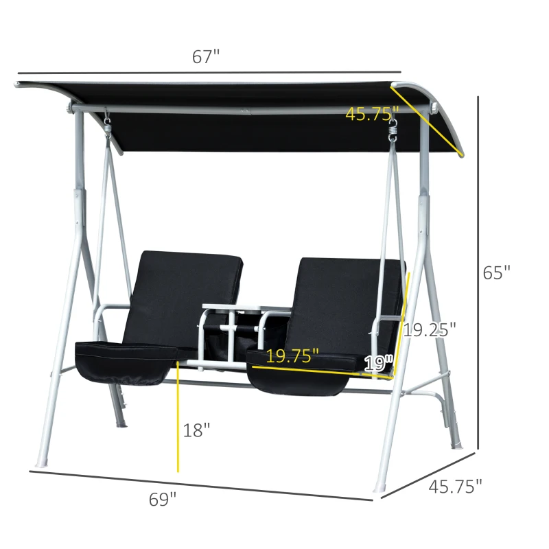 Outsunny Double Outdoor Swing Chair 2 Person Covered Swing Porch Swing w/ Pivot Table and Storage Console, Black