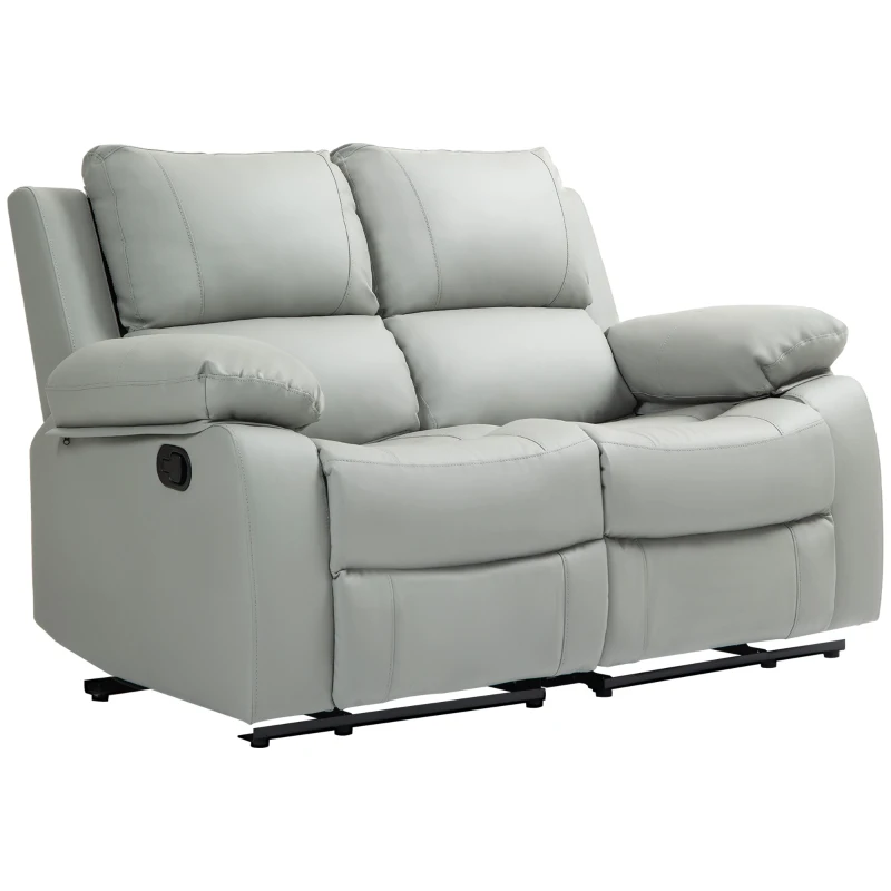 HOMCOM PU Leather Manual Recliner Sofa, Double Reclining Loveseat with Pull Tab Control Footrest for Living Room, Light Grey