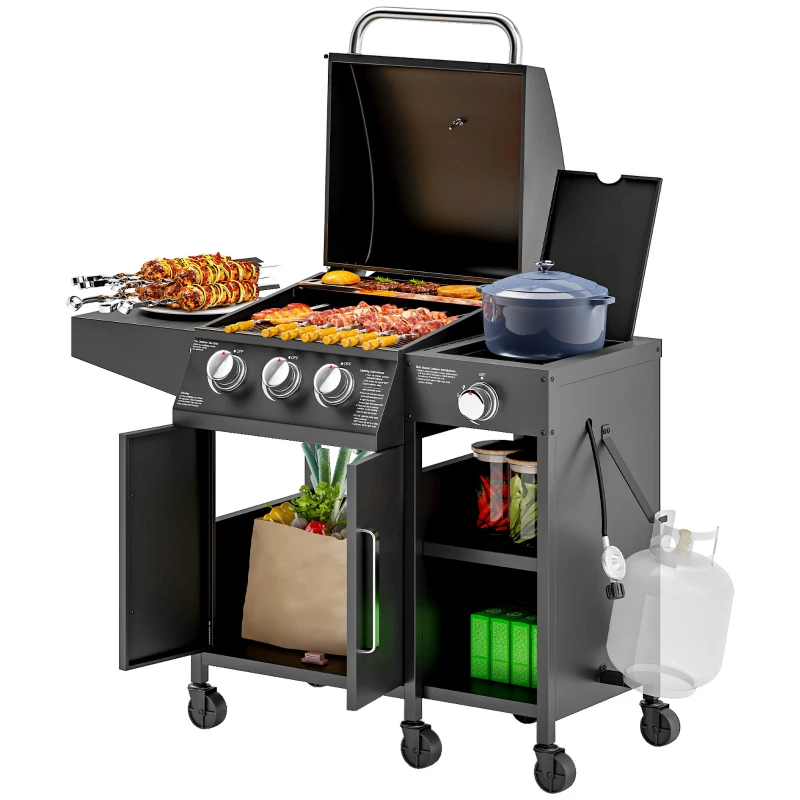 Outsunny 3 Burner Gas Grill with Side Burner, 9.5 KW Propane BBQ Grill, Cabinet Style with Shelves, Wheels, Instant Ignition