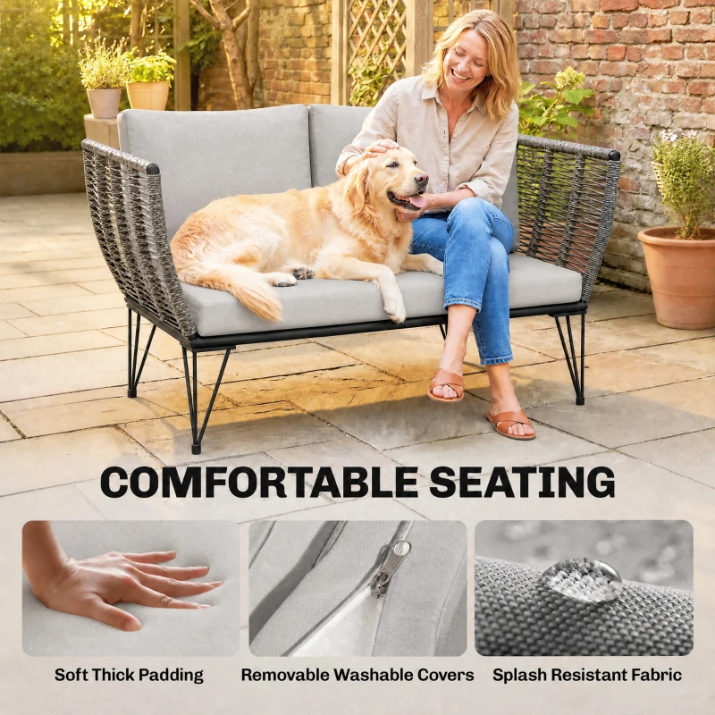 Outsunny Outdoor Couch Patio Sofa with Cushions, 2 Seater Patio Furniture Loveseat with Galvanized Steel Frame, Light Grey