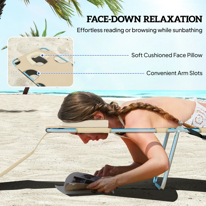 Outsunny Folding Outdoor Lounge Chair, 5-Level Tanning Chair with Face Hole, Side Pocket, Carry Strap for Beach Pool, Beige