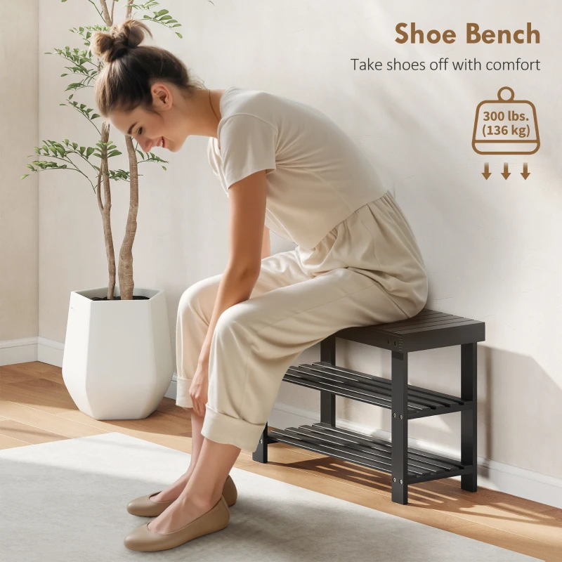 HOMCOM Bamboo Shoe Storage Bench, 3-Tier Entryway Bench with 2 Storage Shelves for Hallway, Holds 6 Pairs, Black