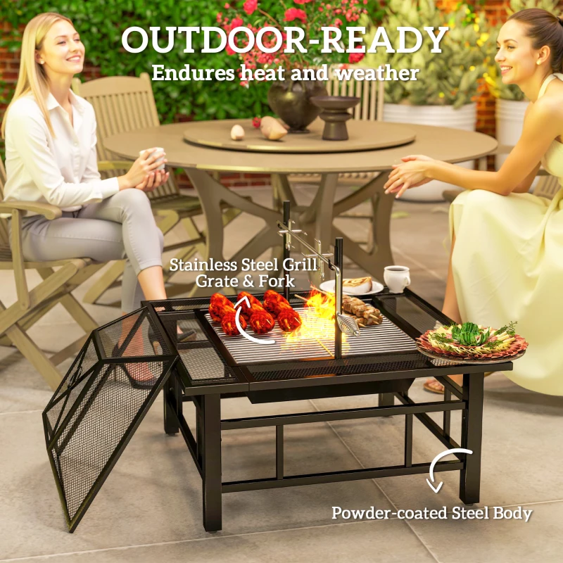 Outsunny 31.9" x 31.9" x 27.8" 2-in-1 Outdoor Fire Pit Firepit with BBQ Grill Grate, Wood Fire Pit with Adjustable Foot Pads, Outer Ledge, Poker, Mesh Lid for Backyard, Black