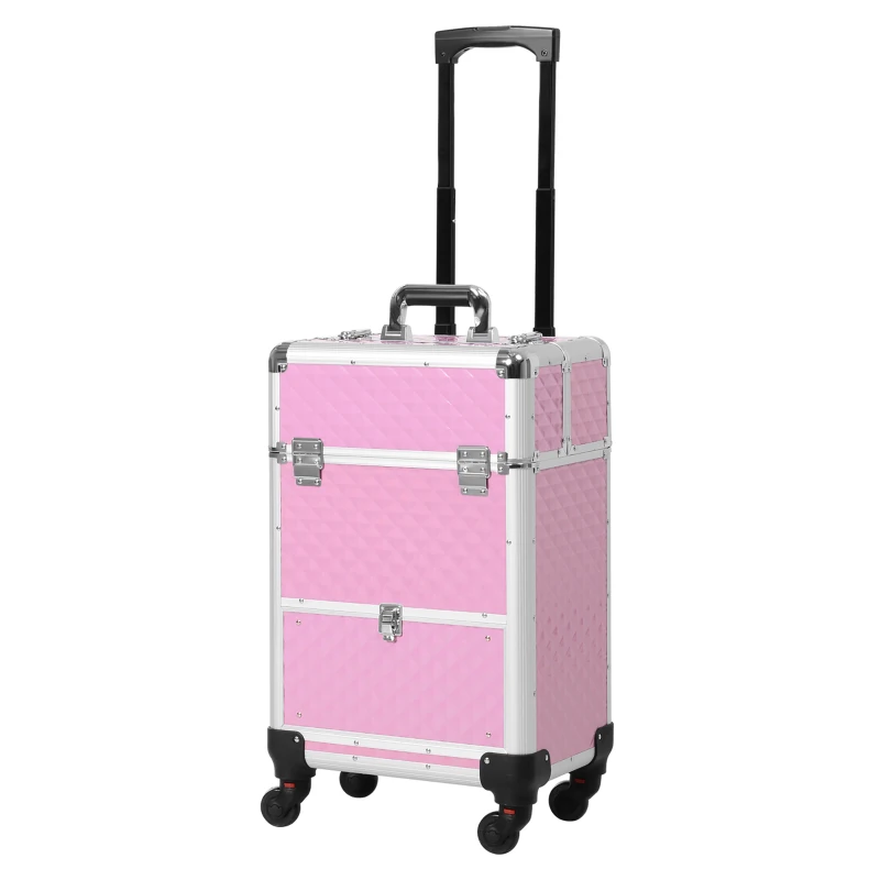 HOMCOM Portable Aluminum Makeup Train Cases, Rolling Makeup Case, Salon Beauty Cosmetic Jewelry Organizer Trolley with 4 Wheels, Pink