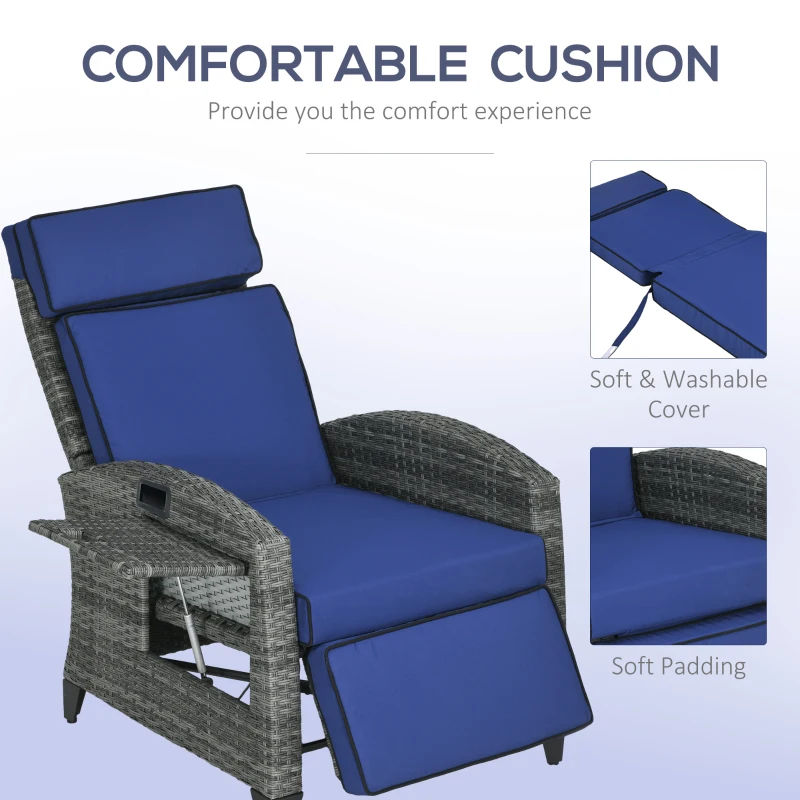 Outsunny Outdoor Recliner Chair with Adjustable Backrest, Cushion, Side Tray, Dark Blue