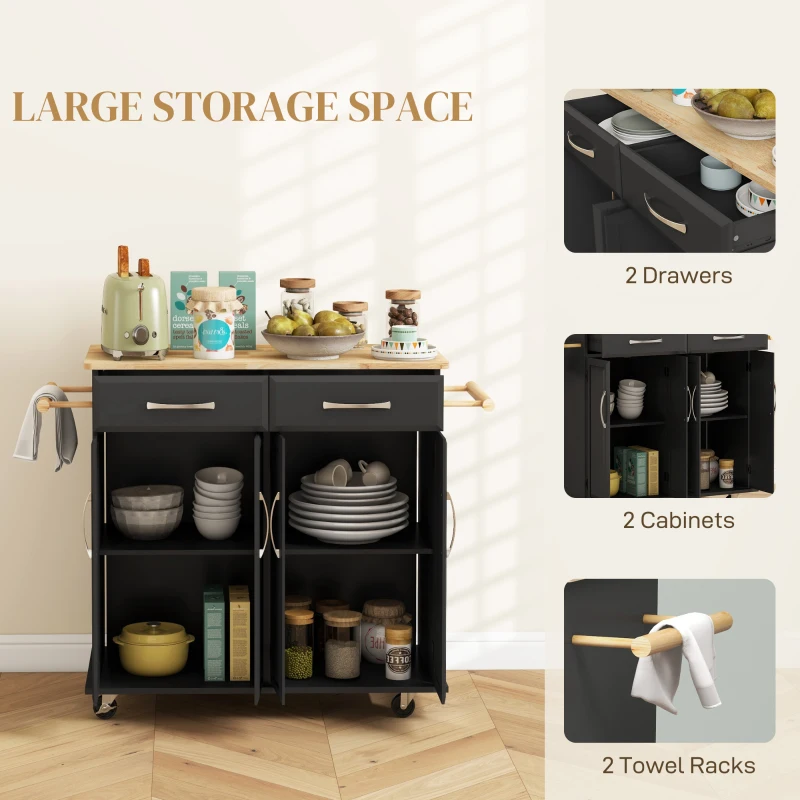 HOMCOM Kitchen Island on Wheels with Rubberwood Top, Rolling Kitchen Cart with 2 Drawers, 4 Doors and Adjustable Shelves