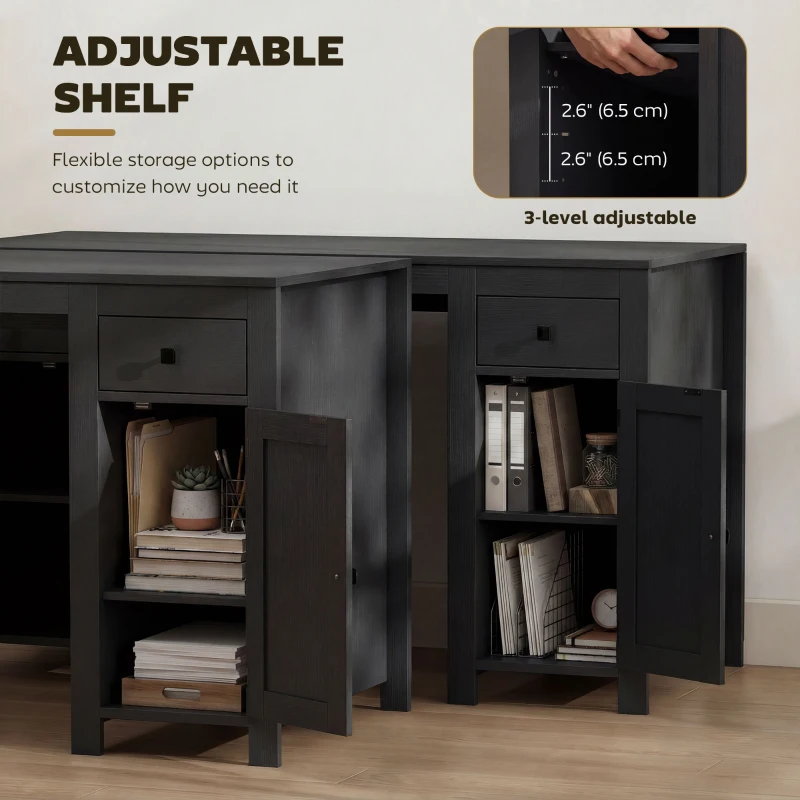 HOMCOM 53" Farmhouse Executive Desk, Computer Desk with Drawers and 2 Cabinets, Study Table for Home Office, Black Wood Grain