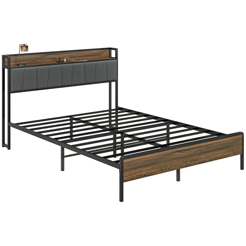 HOMCOM Queen Size Bed Frame with Charging Station, Queen Bed Frame with Upholstered Headboard and Storage Shelf, Walnut