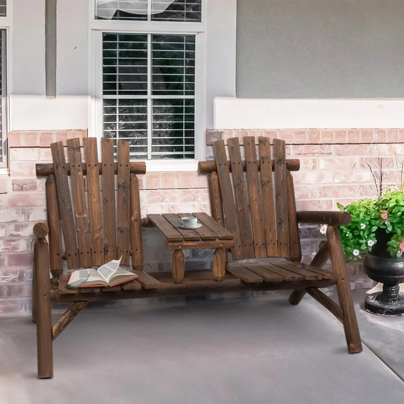 Outsunny Wood Adirondack Patio Chair Bench with Center Coffee Table, for Lounging and Relaxing Outdoors Carbonized