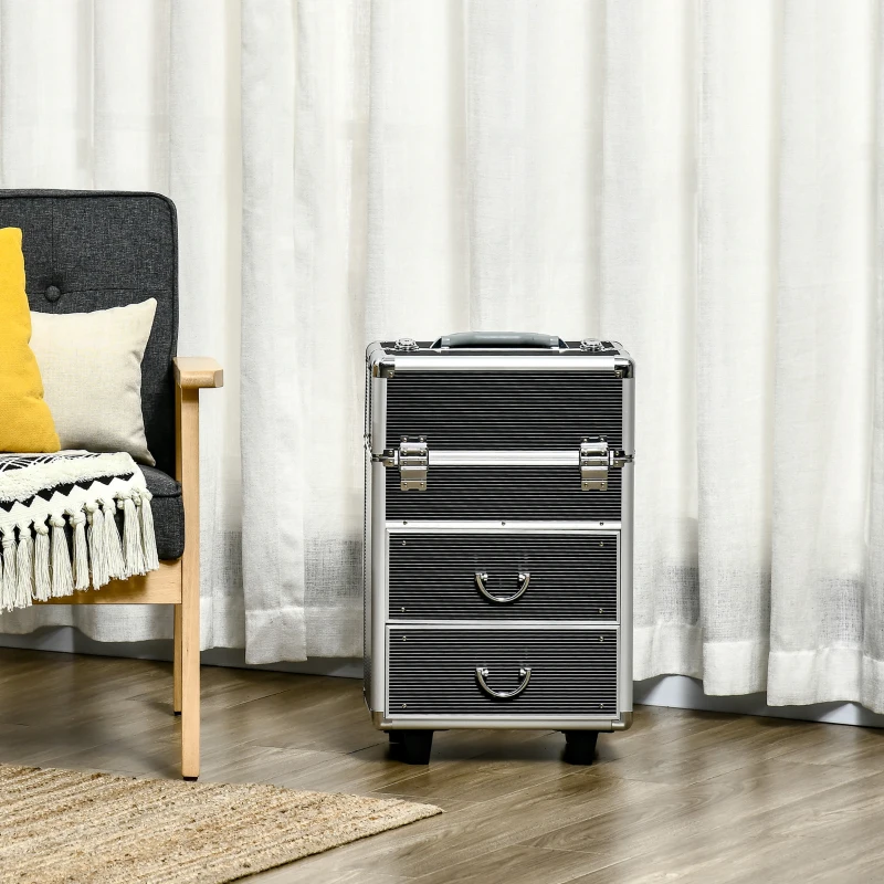 HOMCOM Aluminum Rolling Makeup Train Case, Portable Professional Cosmetic Makeup Case, Lockable Traveling Cart Trunk with Folding Trays, Swivel Wheels and Keys, Black