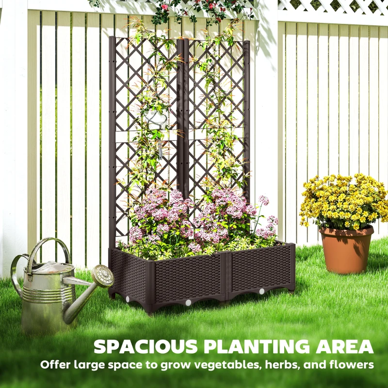 Outsunny Raised Garden Bed with Trellis, Plastic Raised Flower Bed with Drainage Holes and Drain Plugs