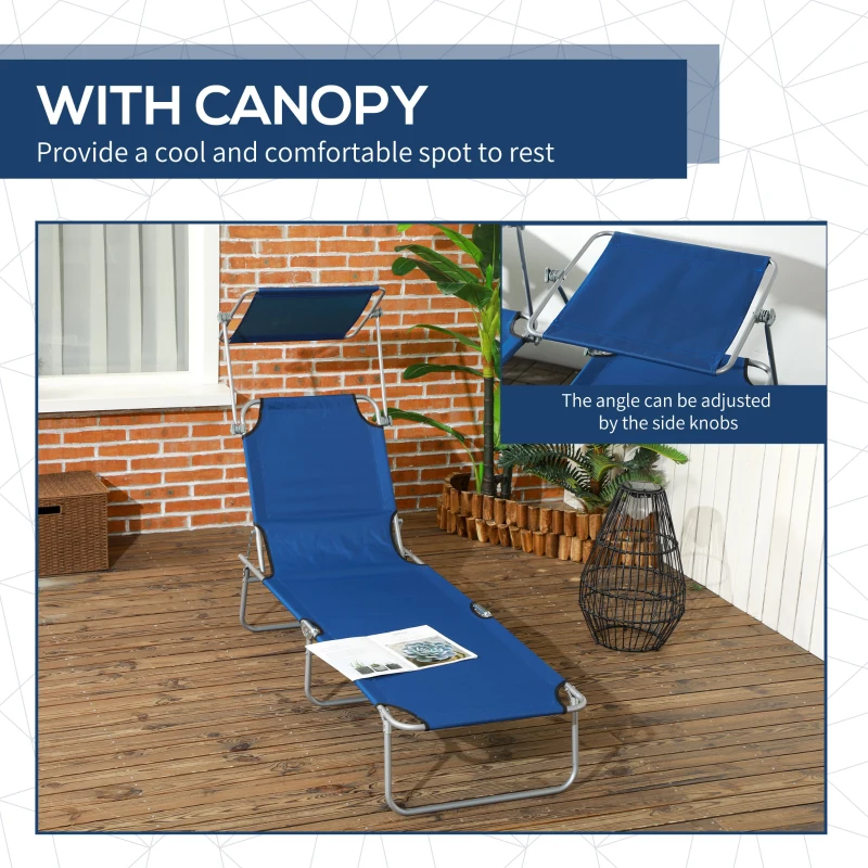 Outsunny 2 Pieces Outdoor Lounge Chair, Adjustable Folding Chaise Lounge, Tanning Chair with Sun Shade for Beach, Camping, Hiking, Backyard, Blue