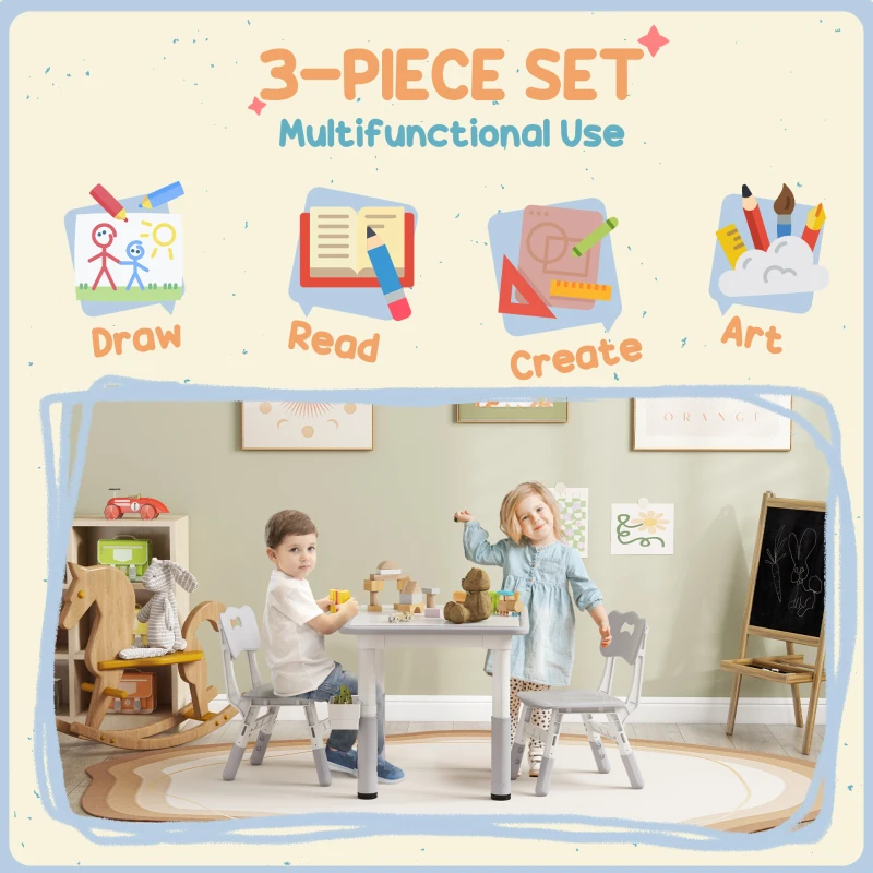 Qaba 3 Pieces Toddler Table and Chair Set, Height Adjustable Kids Table and Chair Set w/ Storage, for Playroom Grey